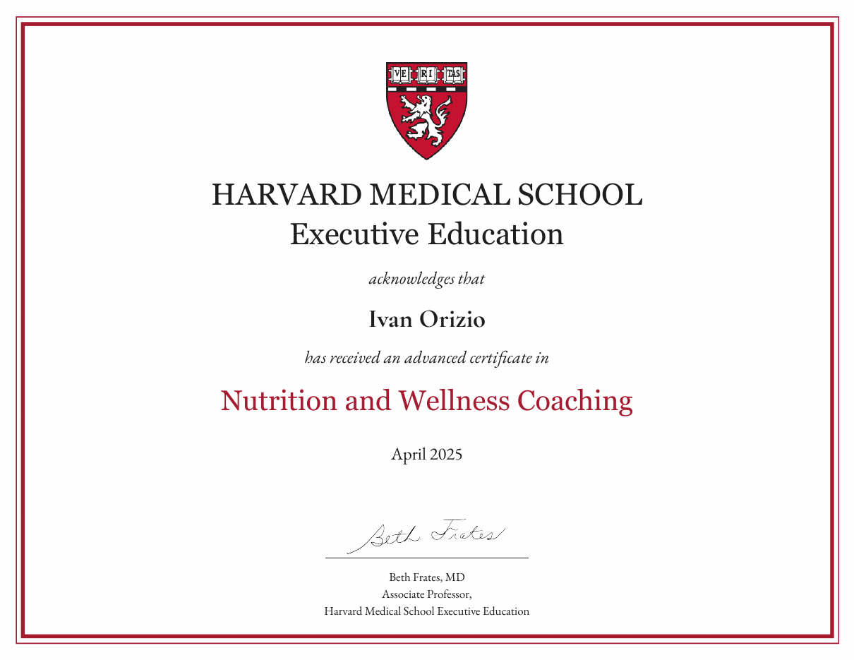 Attestato integrale di Ivan Orizio: advanced certificate in Nutrition and Wellness Coaching, Harvard Medical School, Executive Education